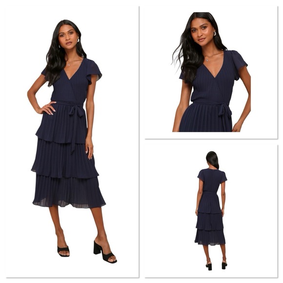 Lulus Passionate Dedication Navy Blue Pleated Tiered Midi Dress Women Size M - Picture 1 of 12